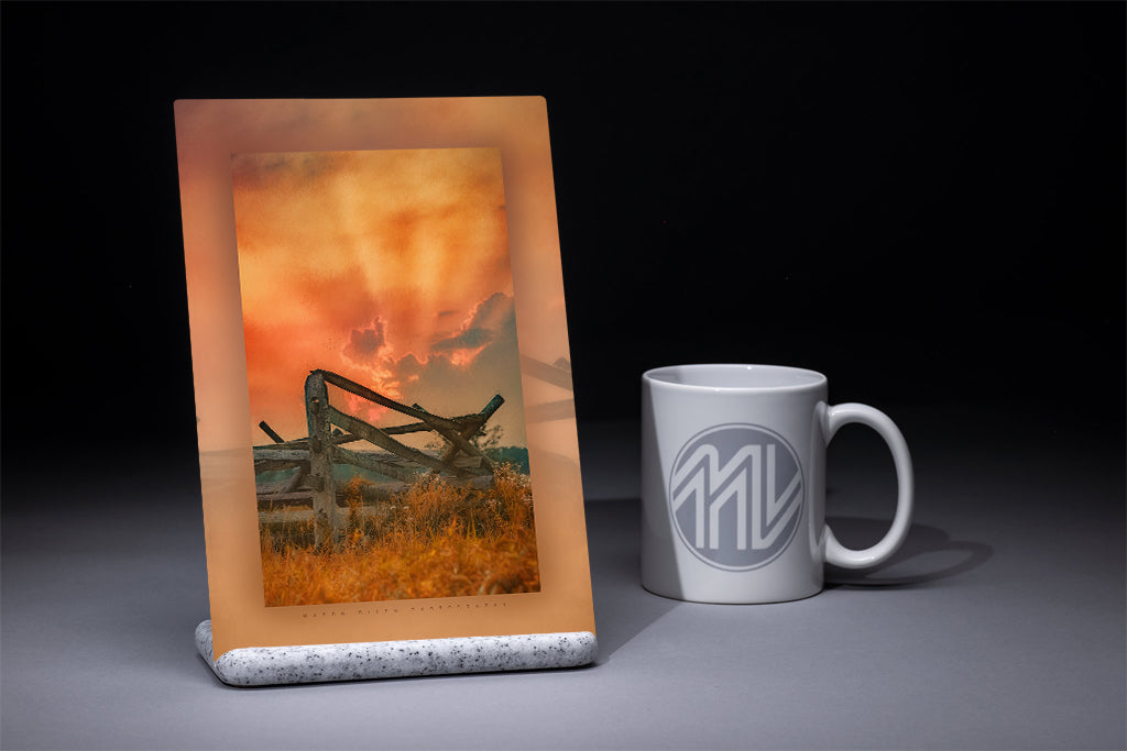 "Split-Rail Fence in Rose Orange Light" 6x9 Metal Print & Stand