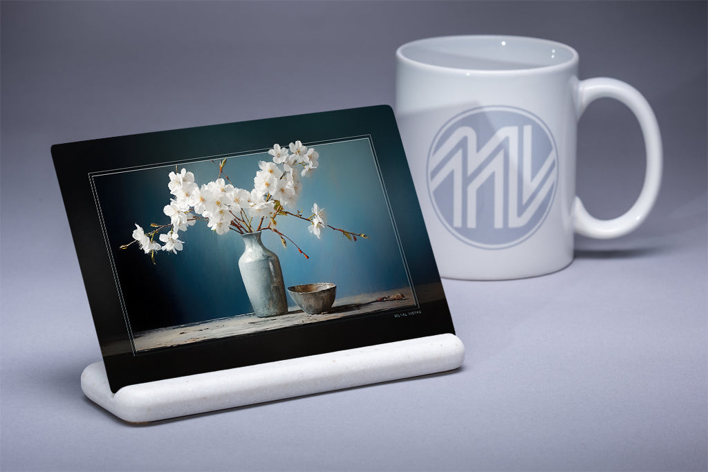 "White Flowers in a Blue Room" 4x6 Metal Print & Stand