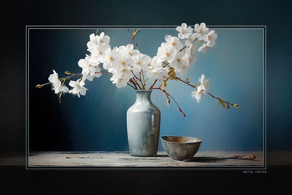 &quot;White Flowers in a Blue Room&quot; 4x6 Metal Print &amp; Stand