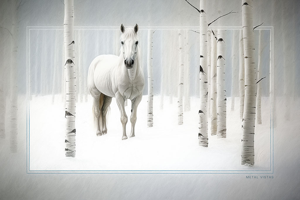 "Horse Among Birches" 4x6 Metal Print & Stand