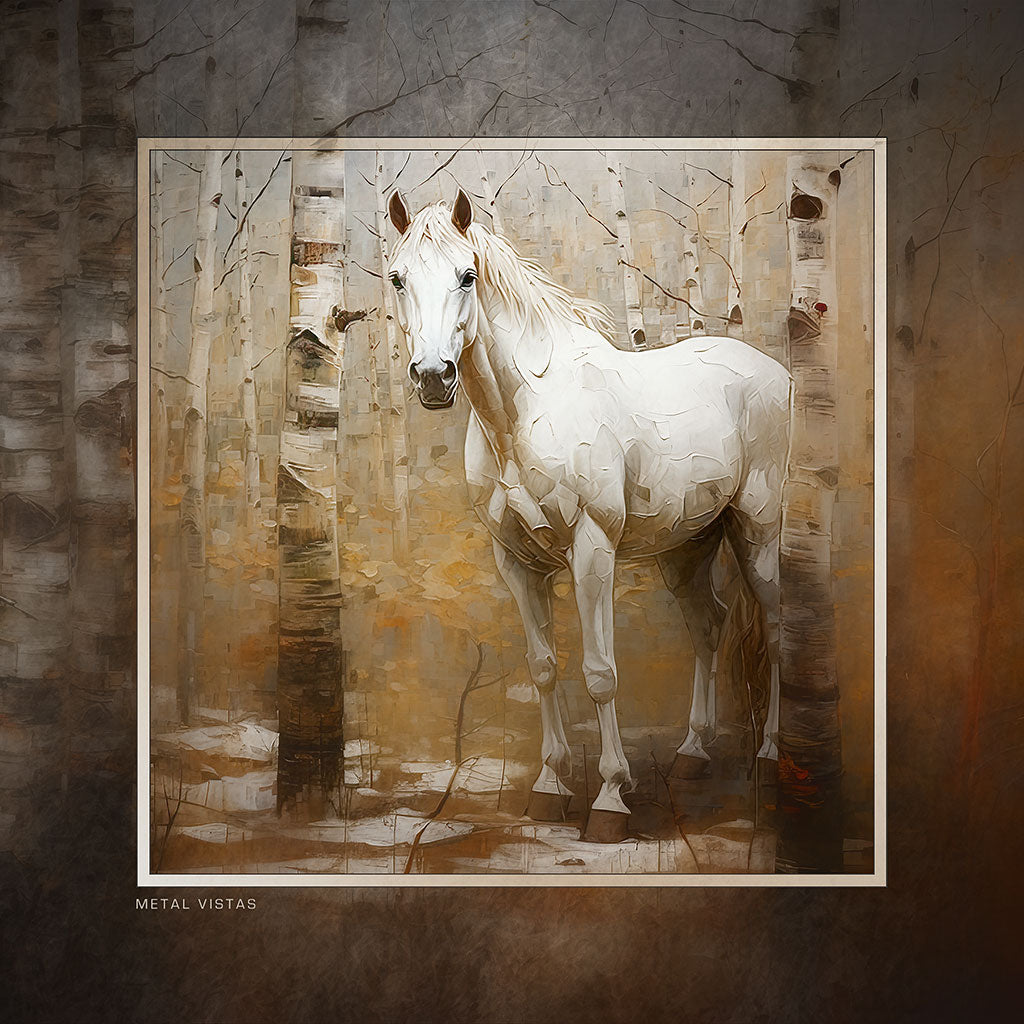 &quot;White Stallion in Birches&quot; 6x6 Metal Print &amp; Stand