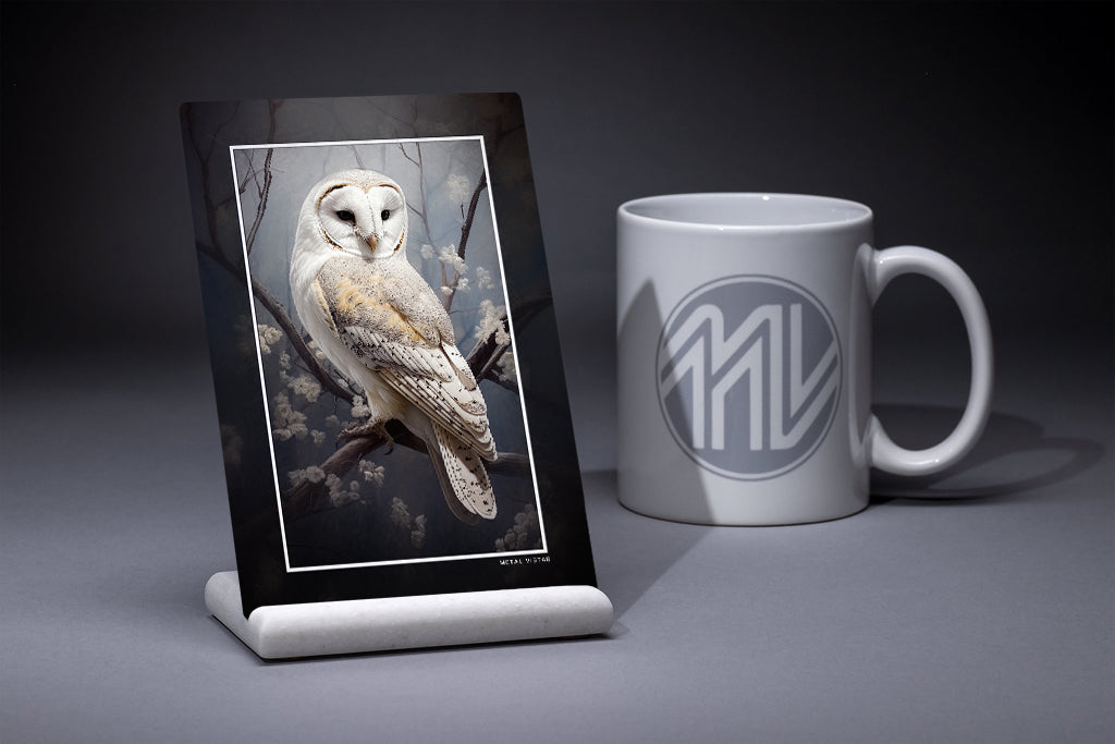 "Owl and Blossoms" 4x6 Metal Print & Stand