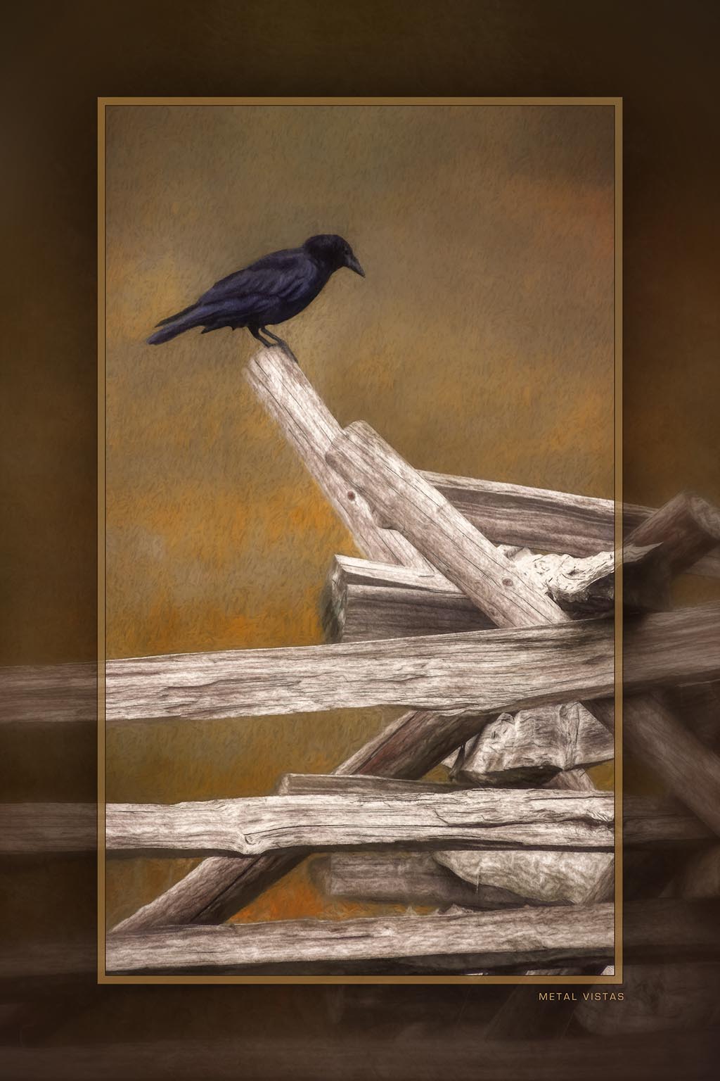 &quot;Blackbird on a Worm Fence&quot; 6x9 Metal Print with Stand