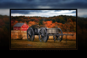 This glossy 6" x 9" aluminum print features a caisson at the Angle in Gettysburg National Military Park, with a red barn in the background.