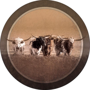 "Longhorn Scrutiny" 8 Inch Round Metal Print with Stand