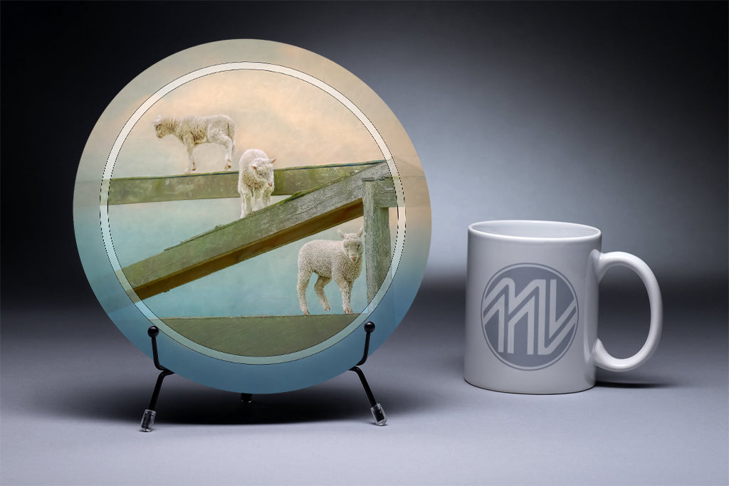 &quot;Three Little Lambs&quot; 8 Inch Round Metal Print with Stand