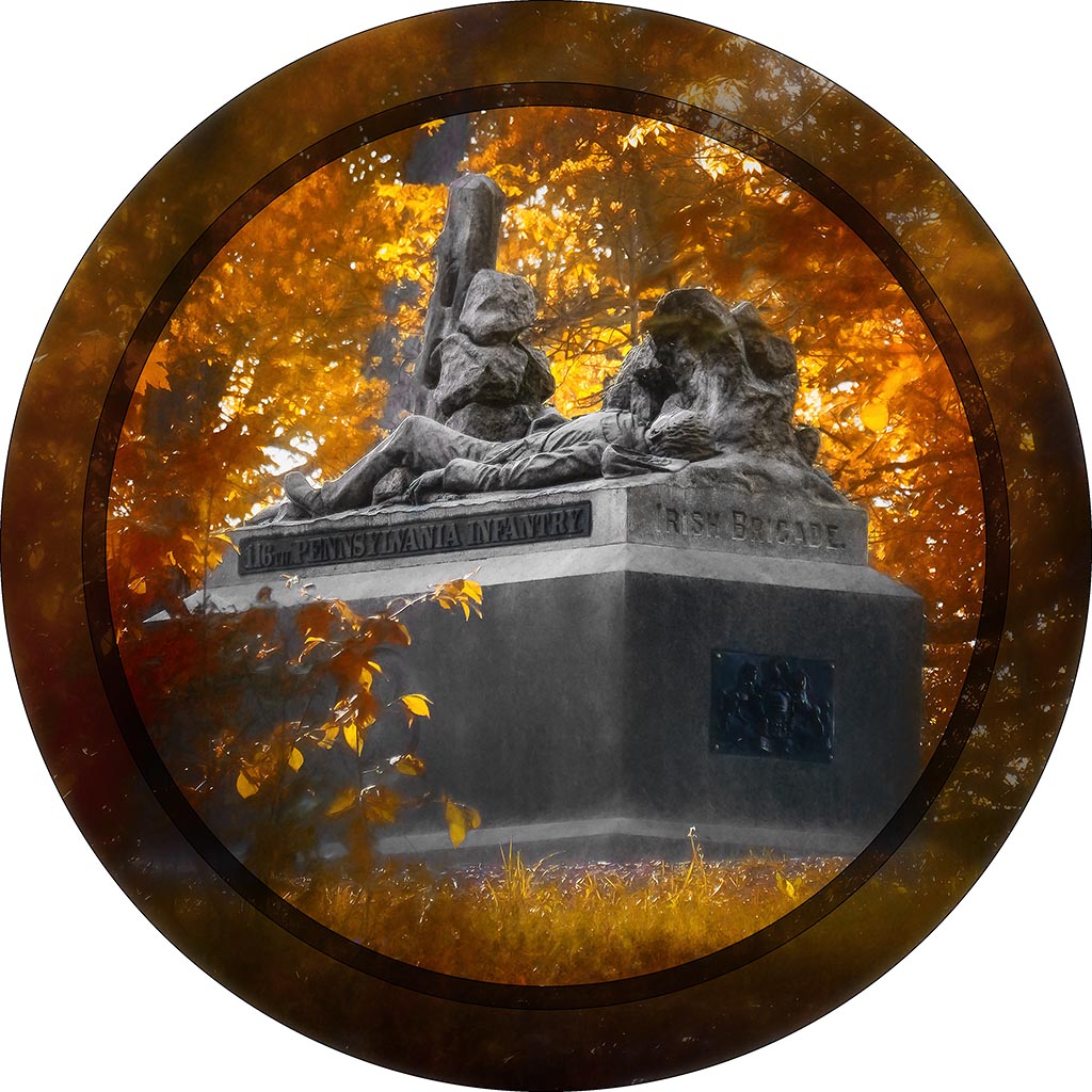 &quot;116th Pennsylvania Monument&quot; 8 Inch Round Metal Print with Stand