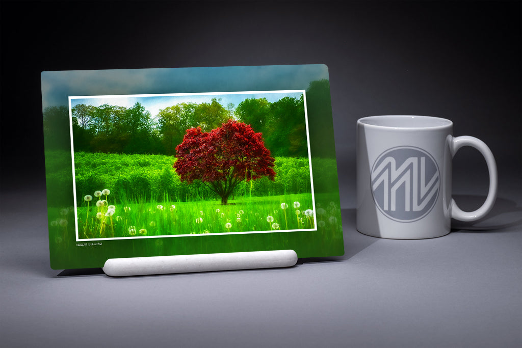 &quot;Red Tree in a Green Field&quot; 6x9 Metal Print with Stand