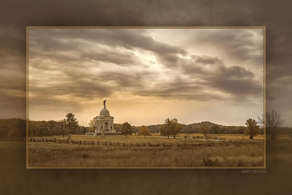 &quot;Pennsylvania Monument in an Autumn Storm&quot; 4x6 Metal Print &amp; Stand