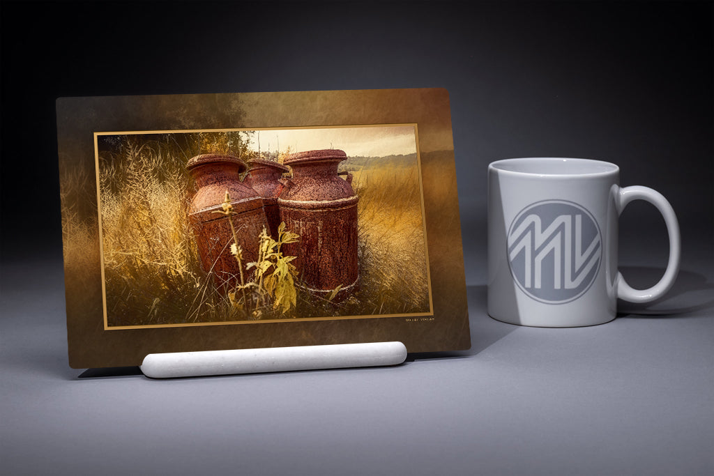 &quot;Three Rusty Milk Cans&quot; 6x9 Metal Print &amp; Stand