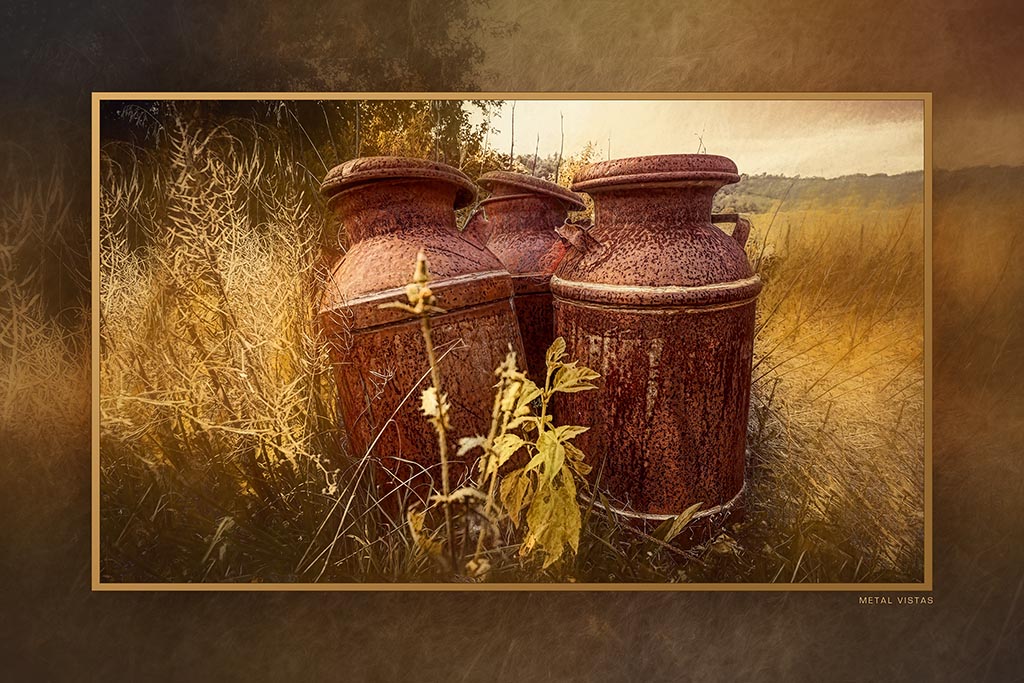 &quot;Three Rusty Milk Cans&quot; 6x9 Metal Print &amp; Stand