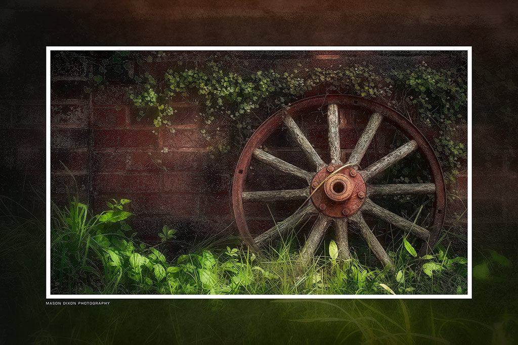 &quot;Wagon Wheel Against a Wall&quot; 6x9 Metal Print &amp; Stand