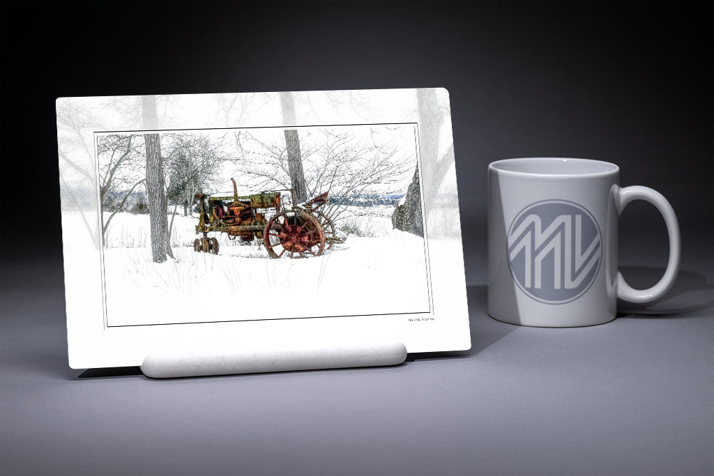 &quot;Old Tractor in Snow&quot; 6x9 Metal Print &amp; Stand