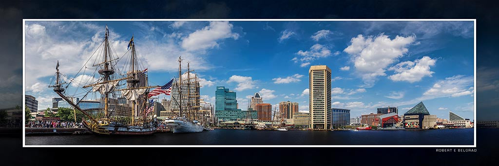 &quot;Tall Ships at Baltimore Harbor&quot; 4x12 Panoramic Metal Print with Stand