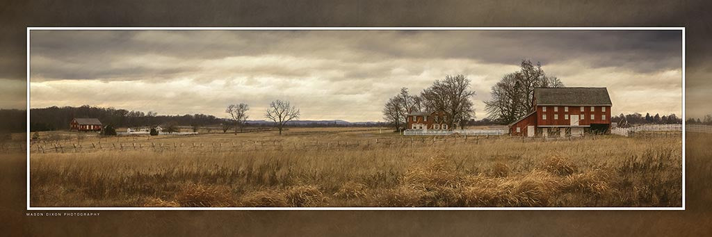 &quot;Sherfy and Spangler Farms - Pickett&#39;s Charge&quot; 4x12 Panoramic Metal Print with Stand