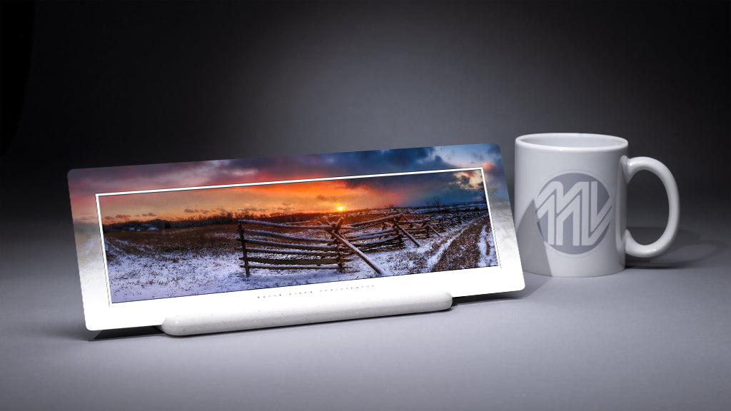 &quot;Snowy Battlefield Sunset&quot; 4x12 Panoramic Metal Print with Stand