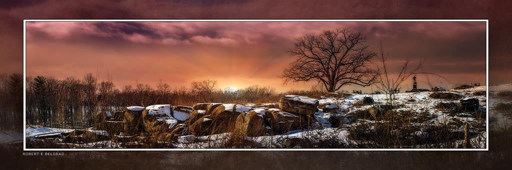 &quot;Night Crashes Down on Devil&#39;s Den&quot; 4x12 Panoramic Metal Print with Stand