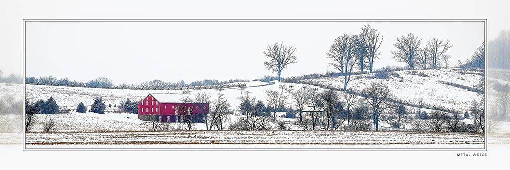 &quot;Moses McClean Farm in Snow&quot; 4x12 Panoramic Metal Print with Stand