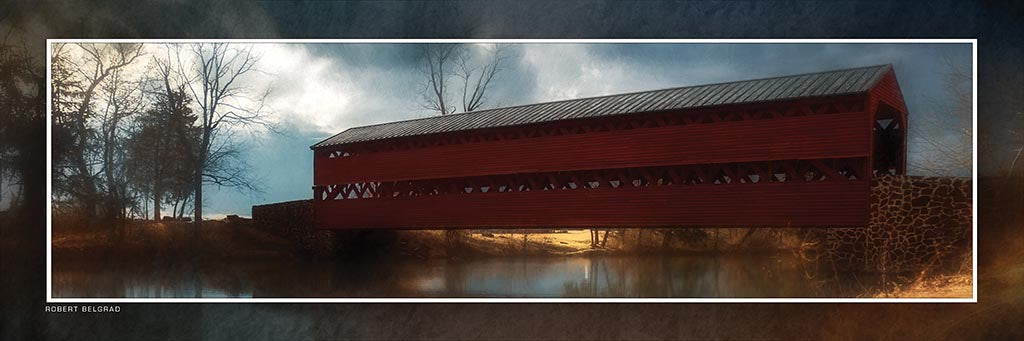 &quot;Sachs Bridge in Autumn Fog&quot; 4x12 Panoramic Metal Print with Stand