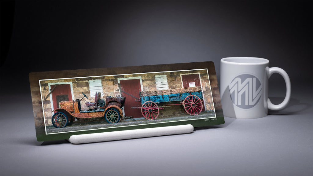 &quot;Car and Cart&quot; 4x12 Panoramic Metal Print with Stand